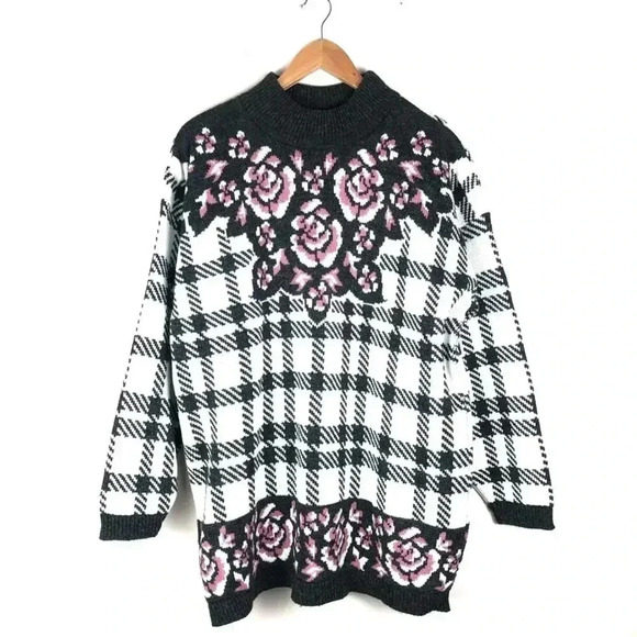 VTG Whimsical Gray Plaid Oversized Floral Sweater - Picture 1 of 7
